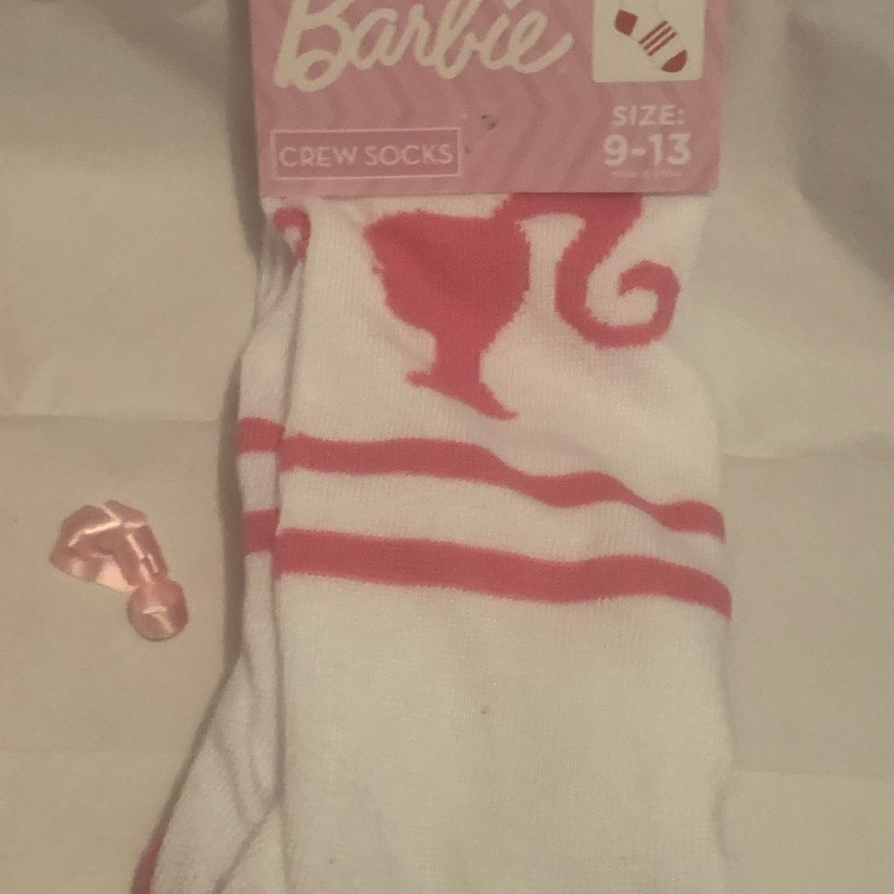 CUTE NEW BARBIE Pink and White striped Crew Socks with logo NWT